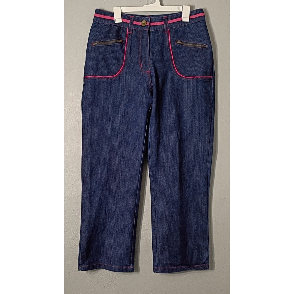 Y2K 90s Finejeans Stretch Size 16 High Rise Pink Trim Wide Denim Cropped‎